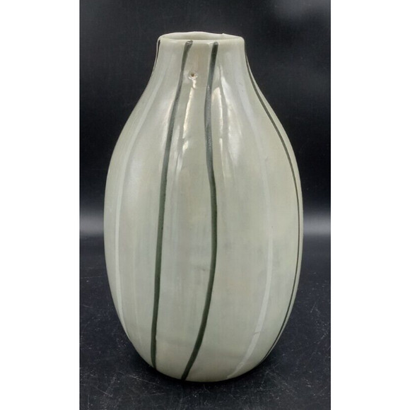 Pretty Lt Sage Green Iridescent Small Vase with Green & White Vertical Lines 5" - Picture 2 of 8